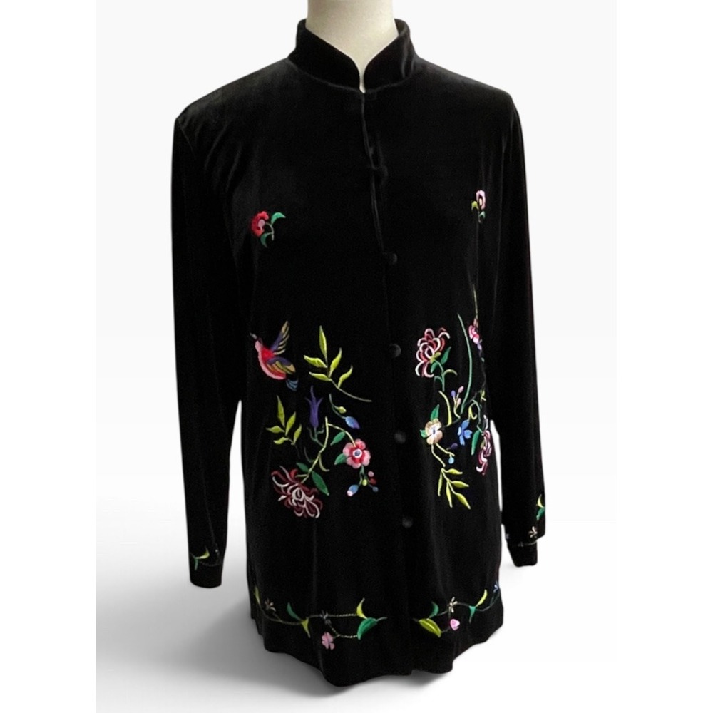 Vintage Susan Graver Embroidered Velvet Jacket Women Small Black Multi-Color